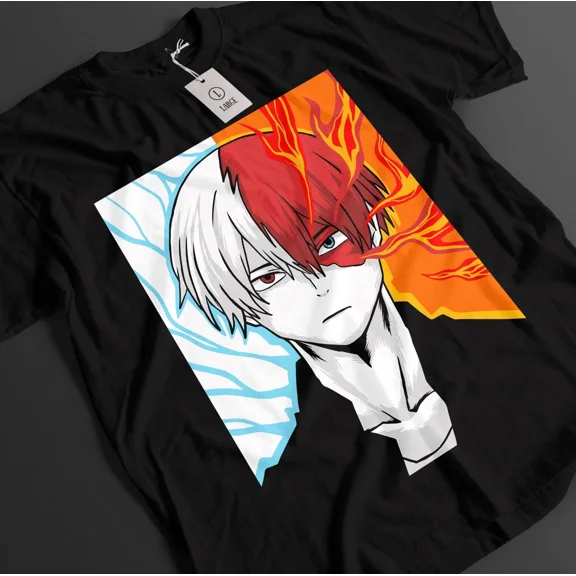 Anime My Hero Academia Shoto Todoroki Flame Ice Graphic Black T-Shirt Size S-5XL