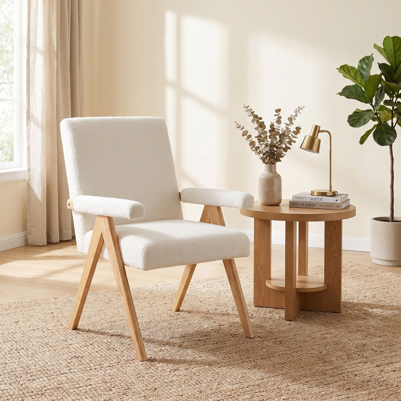 Furnibear Mid Century Modern Accent Chair with Cozy Sherpa Upholstery Padded Armrests and Solid Rubber Wood Frame for Living Room and Bedroom, White