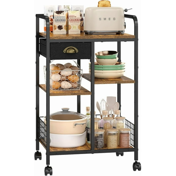 Kitchen Serving Storage Cart with Table Top & Drawer, 3-Tier Rolling Utility Cart on Wheels with Adjustable 2 Storage Shelves, Coffee Bar cart for Kitchen/Dining/Living Room