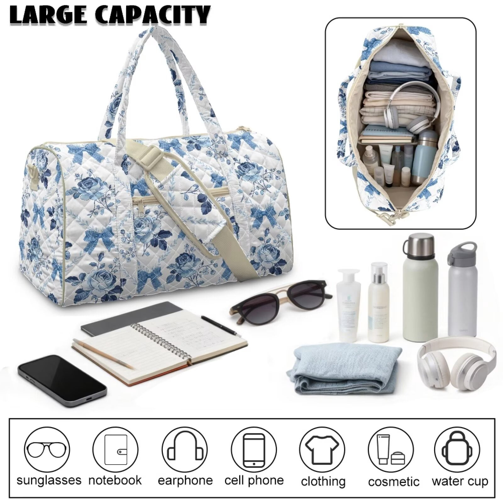 Xixirimido Travel Duffle Bag Weekender Overnight Hospital Bags for Women Lightweight Carry-on Gym Bag for Travel, Airplanes, Sports, Blue Roses Bows