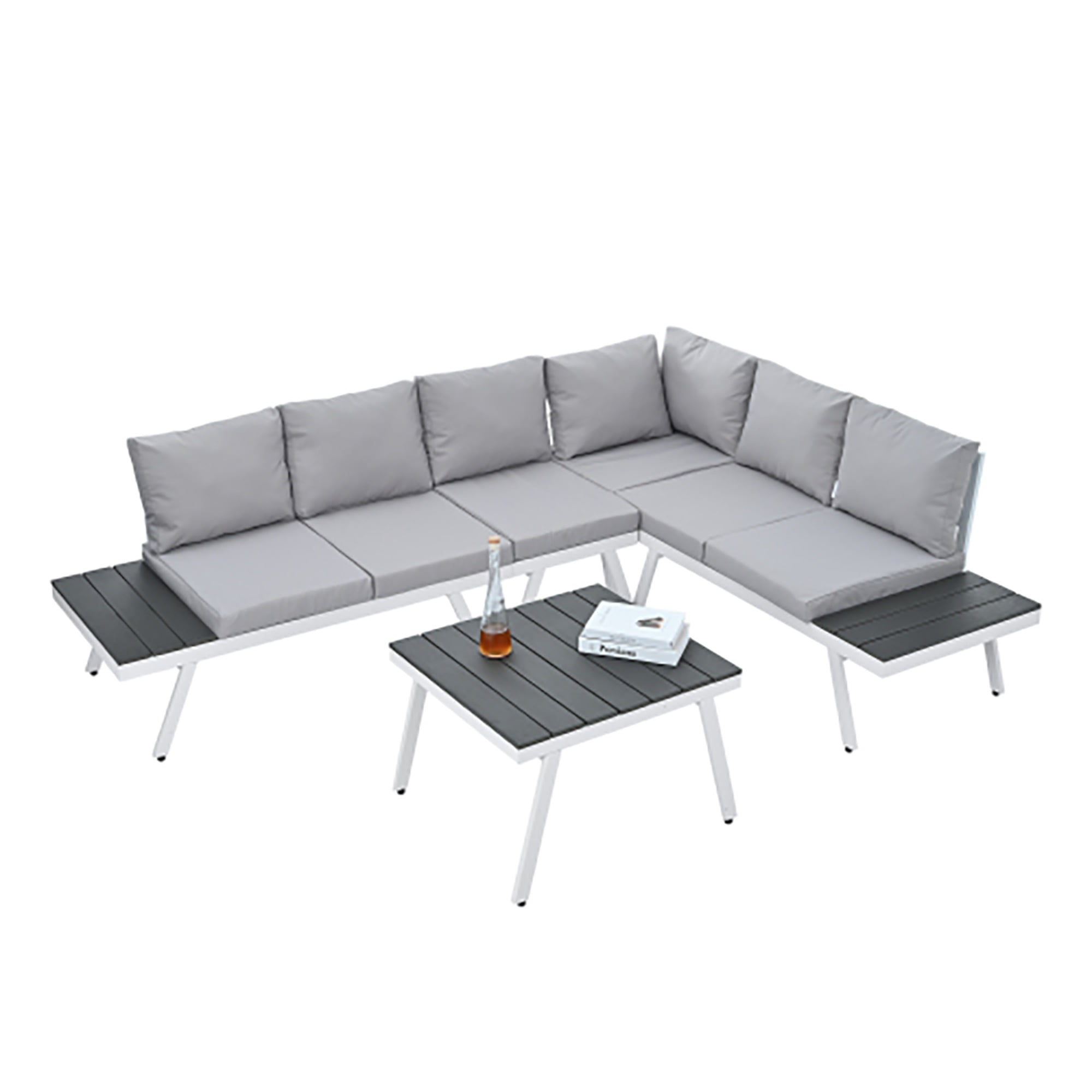 Kadyn Industrial 5-Piece Aluminum Outdoor Patio Furniture Set,Modern Garden Sectional Sofa Set with End Tables, Coffee Table and Furniture Clips for Backyard, Gray Kadyn Industrial 5-Piece Aluminum Outdoor Patio Furniture Set,Modern Garden Sectional Sofa Set with End Tables, Coffee Table and Furniture Clips for Backyard, Gray