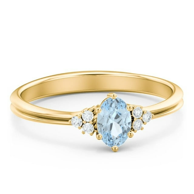 Birthstone Oval Ring with Shoulder Accents - Aquamarine (March)