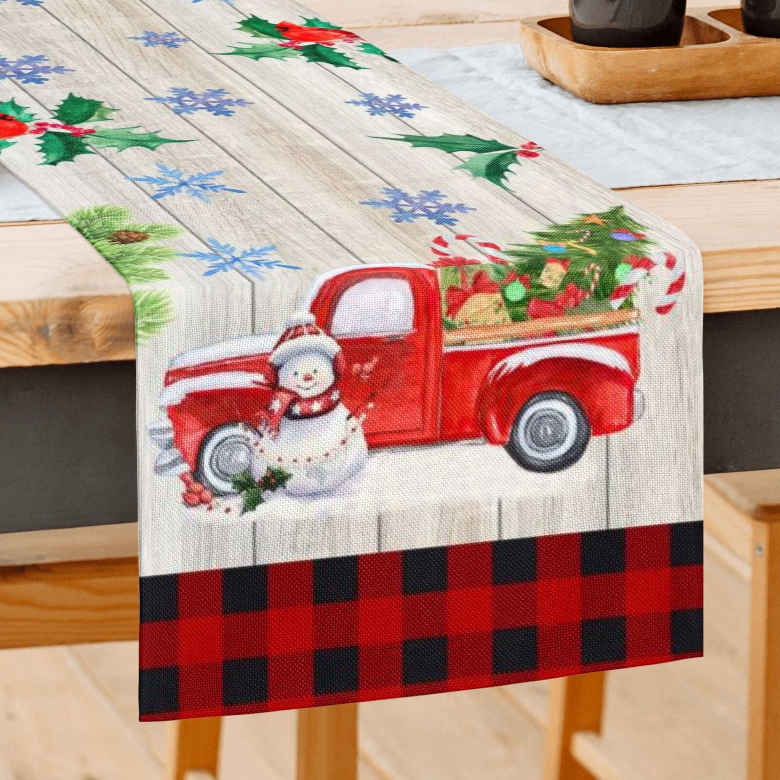 Christmas Table Runner, Wooden Red Truck Table Runners, Snowman Red