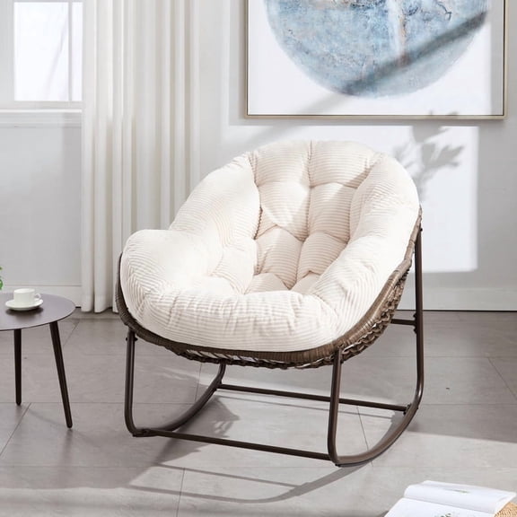 Howcool Patio Round Oversized Rocking Chair with Padded Cushion, Papasan Rattan Recliner Armless Chair