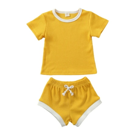 

jaweiw Newborn Baby Summer Clothes Set Short Sleeve Ribbed O Neck T-shirt Tops + Drawstring Shorts Infant 2Pcs Casual Outfits