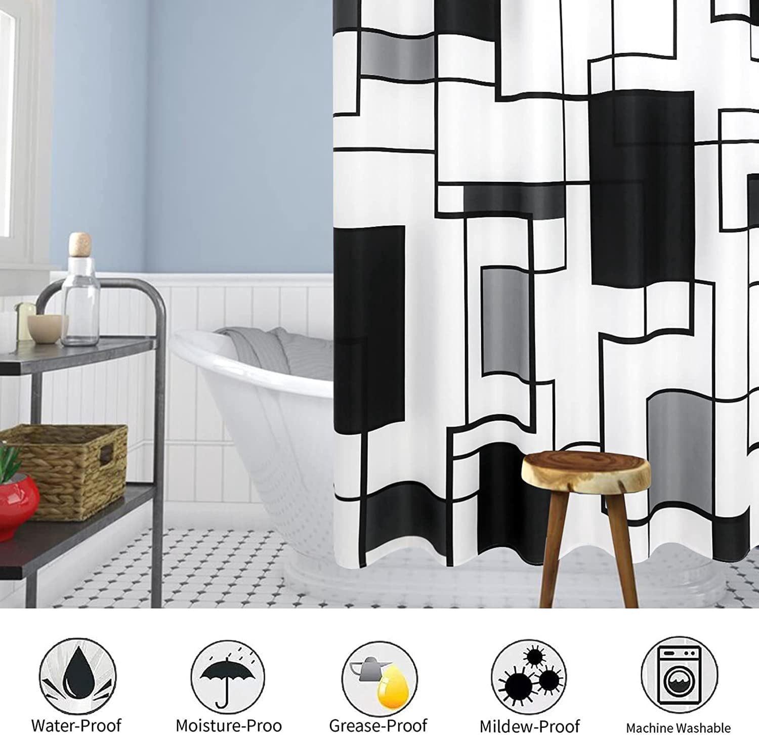 Black Shower Curtain Fabric Shower Curtain Set with 12 Hook Bath Curtain 72 x 72 inches