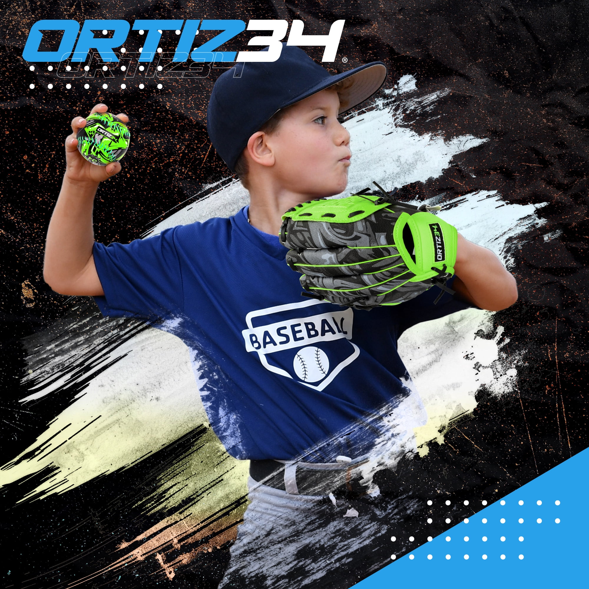 Ortiz34 Youth T-Ball Set, 25" Aluminum Bat (-10 Drop), Foam Core T-Ball, 9" Lightweight Glove, Graffiti Print