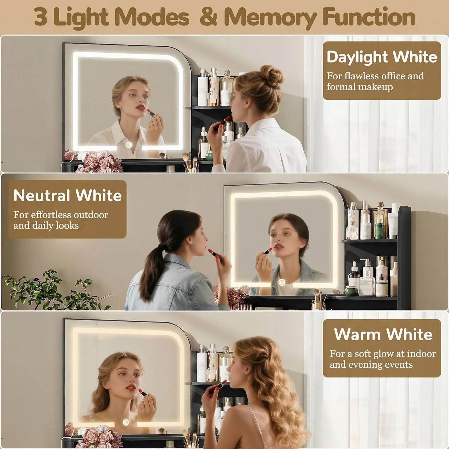 32" Makeup Vanity Desk with Mirror and Lights, 3 Lighting Colors, 5 Storage Shelves & Large Drawer, Pink Vanity Set for Bedroom, Girls and Women