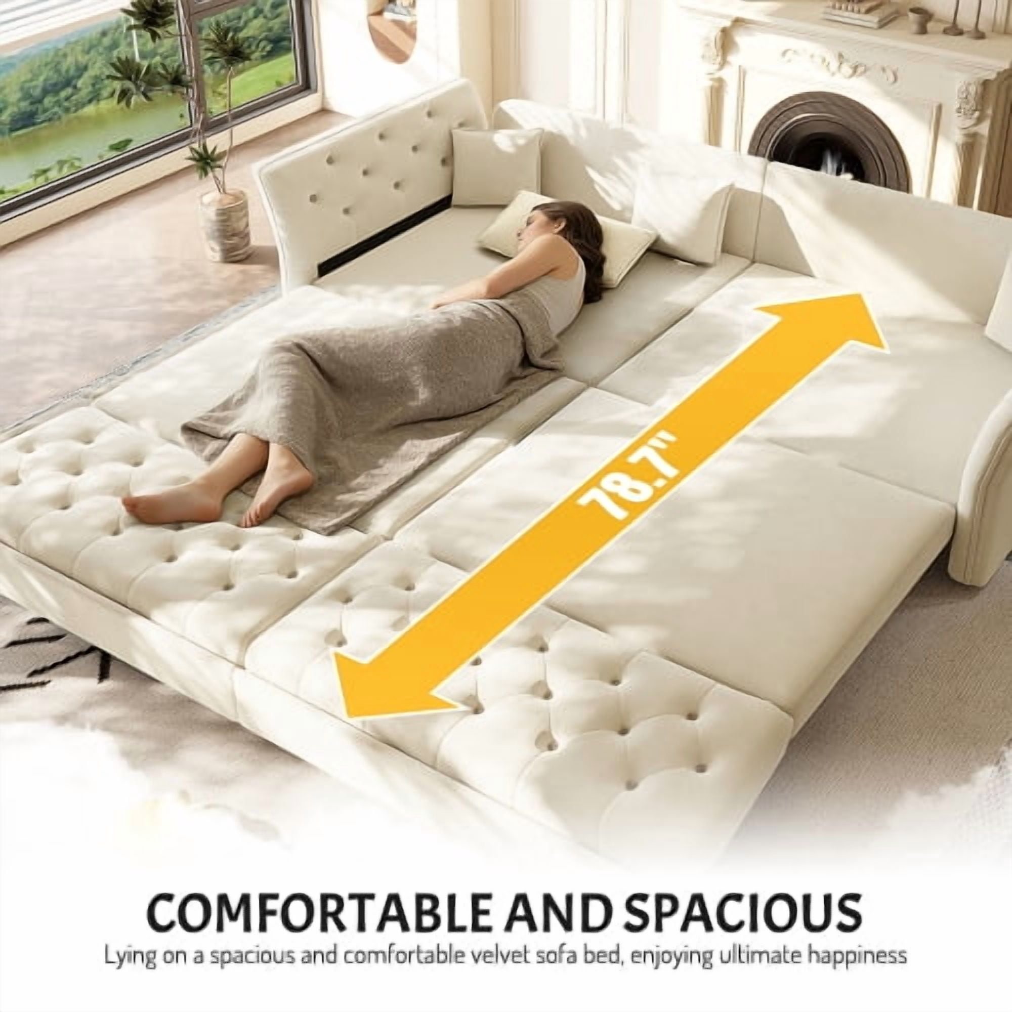 74.4" Queen Pull Out Sofa Bed, Convertible Sleeper Sofa with Handmade Fabric Flower Tufted Design, Multi-Functional Velvet Loveseat Bed for Living Room, Bedroom, Beige