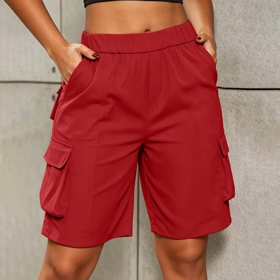 Oiangi Cargo Shorts for Women Elastic Waist Knee Shorts Casual Trendy Basic Long Shorts with Multi-Pockets Red L