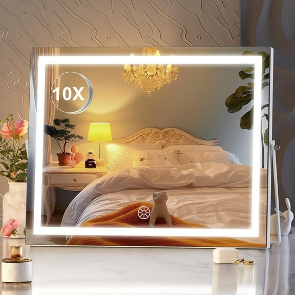 Hasipu 18" x 14" LED Vanity Mirror with 10X Magnification White Makeup Mirror with 3 Color Modes 360° Rotation