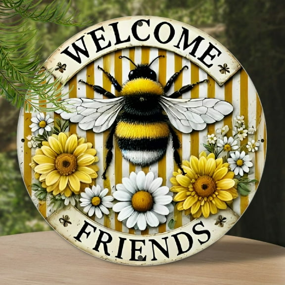 Vintage Bee Welcome Sign - Round Metal Wall Art, Decorative Honeybee and Flowers Garden Plaque, Rustic "Welcome Friends" Theme Decor, 20cm Diameter - For Home, Bar, Café Decor - Perfect Gift for House