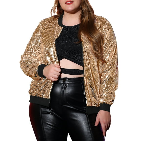 Women's Plus Size Metallic Jacket Sparkle Party Sequin Bomber Jackets - Agnes Orinda 2X Rose Gold