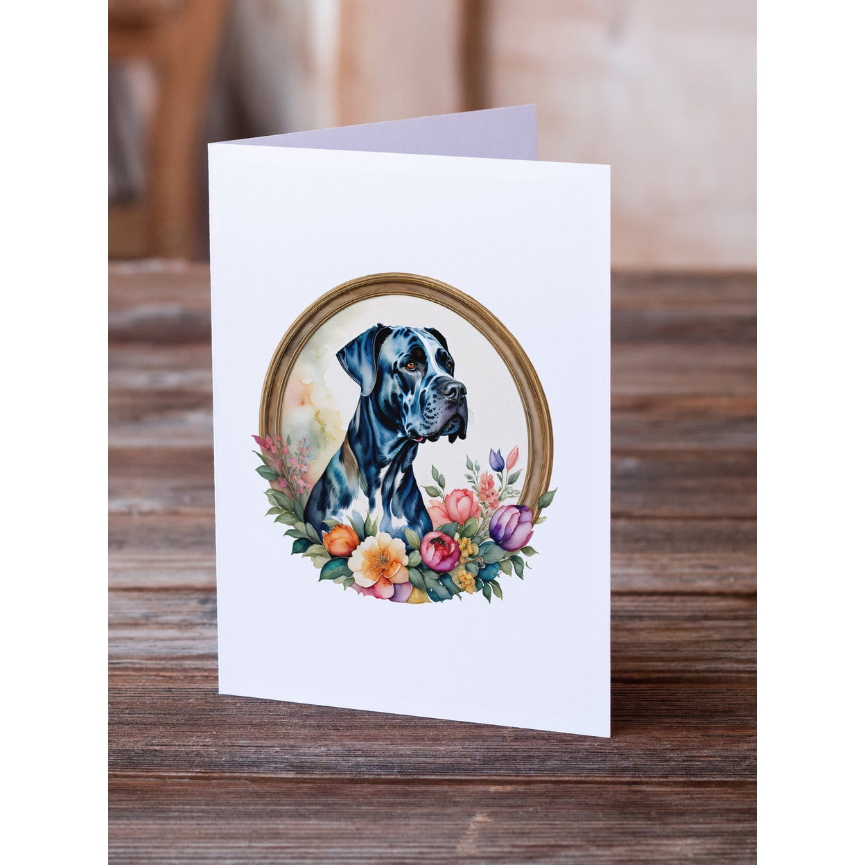 Great Dane and Flowers Greeting Cards and Envelopes Pack of 8 7 in x 5 in