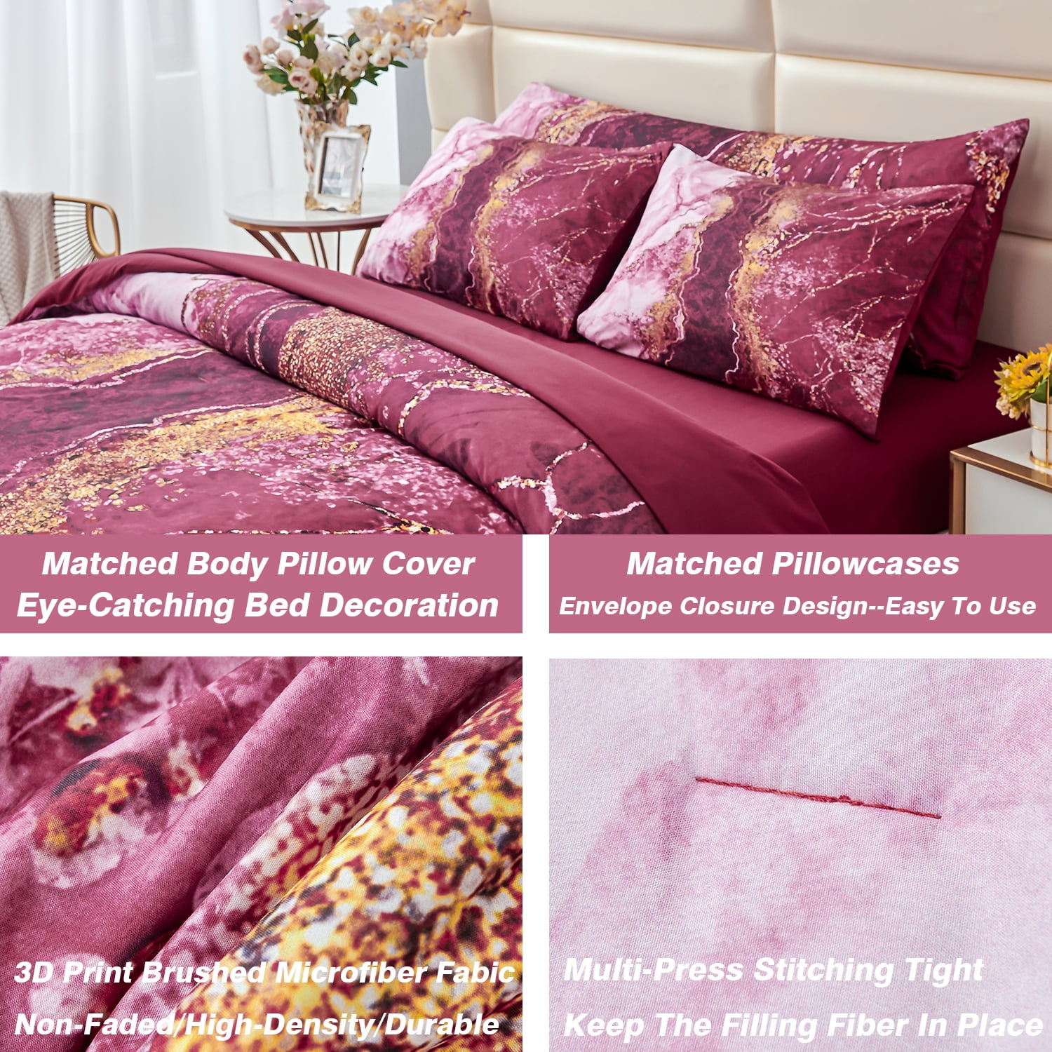 PERFEMET Burgundy Full Size Comforter Set for Women Men 6-Piece Marble Bed in a Bag Bedding Comforter Set for All Season