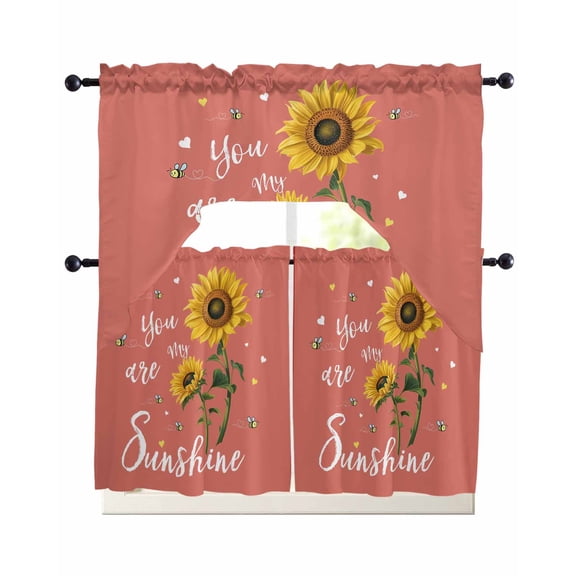 Coral Red Sunshine Sunflower Swag Kitchen Curtains Sets for Windows 24 Inch Length, Pastoral Bees Farmhouse Floral Short Window Curtain Swags Valances and Tiers 3 Piece Set for Cafe/Dining Room