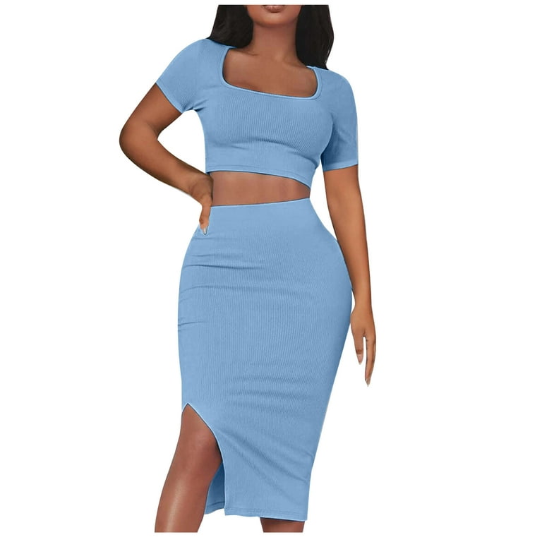 Women's 2 Piece Summer Outfits Short Sleeve Square Neck Crop Tops Split  Bodycon Midi Skirt Ribbed Dress Set