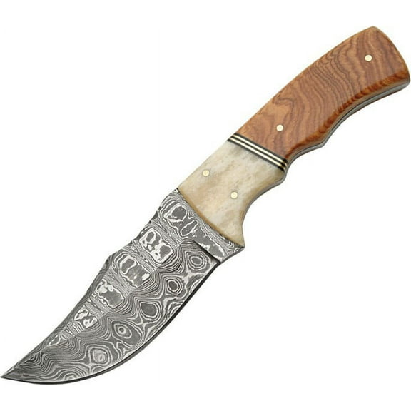 SANZ 8" Damascus Steel Fixed Blade Outdoor Knife with Bone and Burl Wood Handle and Leather Sheath