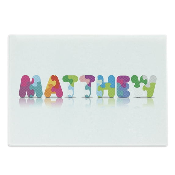 Matthew Cutting Board, Colorful Puzzle Alphabet Name with Importance Pattern, Decorative Tempered Glass Cutting and Serving Board, Large Size, Multicolor, by Ambesonne