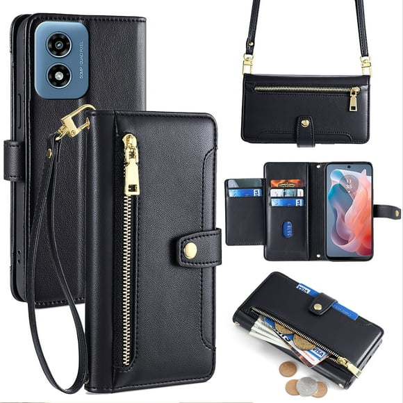 For Moto G 5G 2024 Wallet Case, Crossbody Shoulder Strap Zipper Pocket Cards Holder Shockproof Premium PU Leather Portable Phone Case for Motorola G 5G 2024, Black
