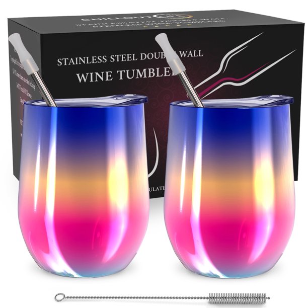 CHILLOUT LIFE Juego de 2 vasos de vino de acero inoxidable 12 oz Doble pared con tapa y pajitas arco iris