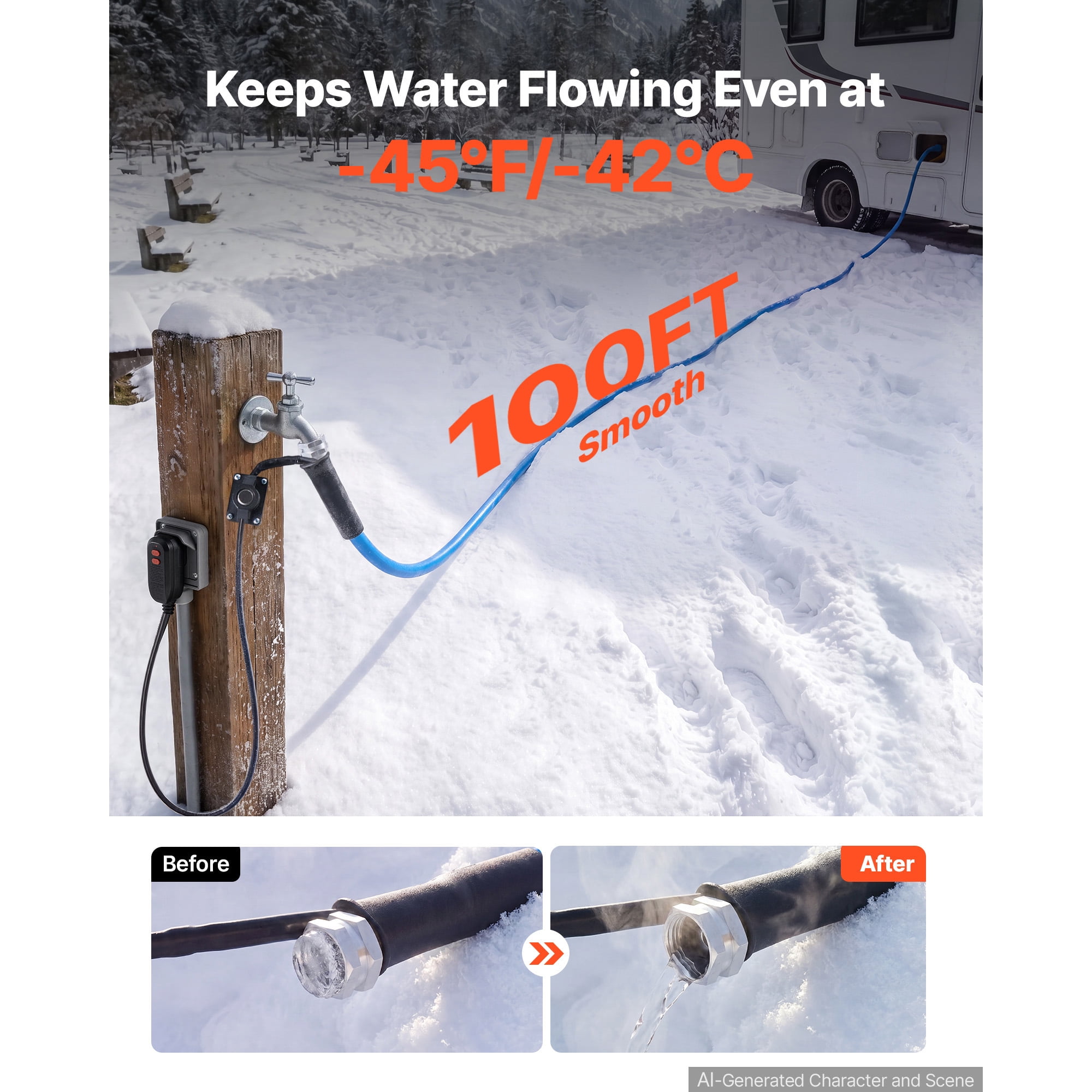 KFFKFF 100FT Heated Water Hose for RV, -45°F Anti-Freeze Drinking Hose, 1/2" ID, Smooth Surface, GFCI Leakage Protection, Built-in Thermostat, Freeze & Leak-Resistant, Lead and BPA-Free for RV Use