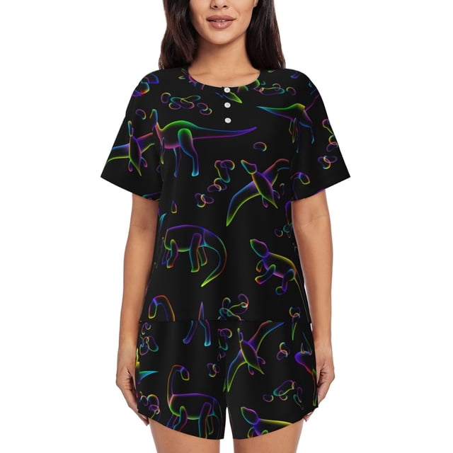 Balery Dinosaur Conjunto de Pijama para Mujer con Estampado, Dos Piezas de Manga Corta y Shorts, Ropa de Dormir Suave con Cuello Redondo y Bolsillos-Large