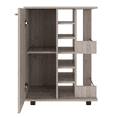 thumbnail image 3 of 32" H light oak bar-coffee cart, cabinet storage, with 4 wheels, 1 divided storage with 1 shelf, 1 folding door, a central vertical division for 6 bottles and 2 side shelves with aluminum front, 3 of 4