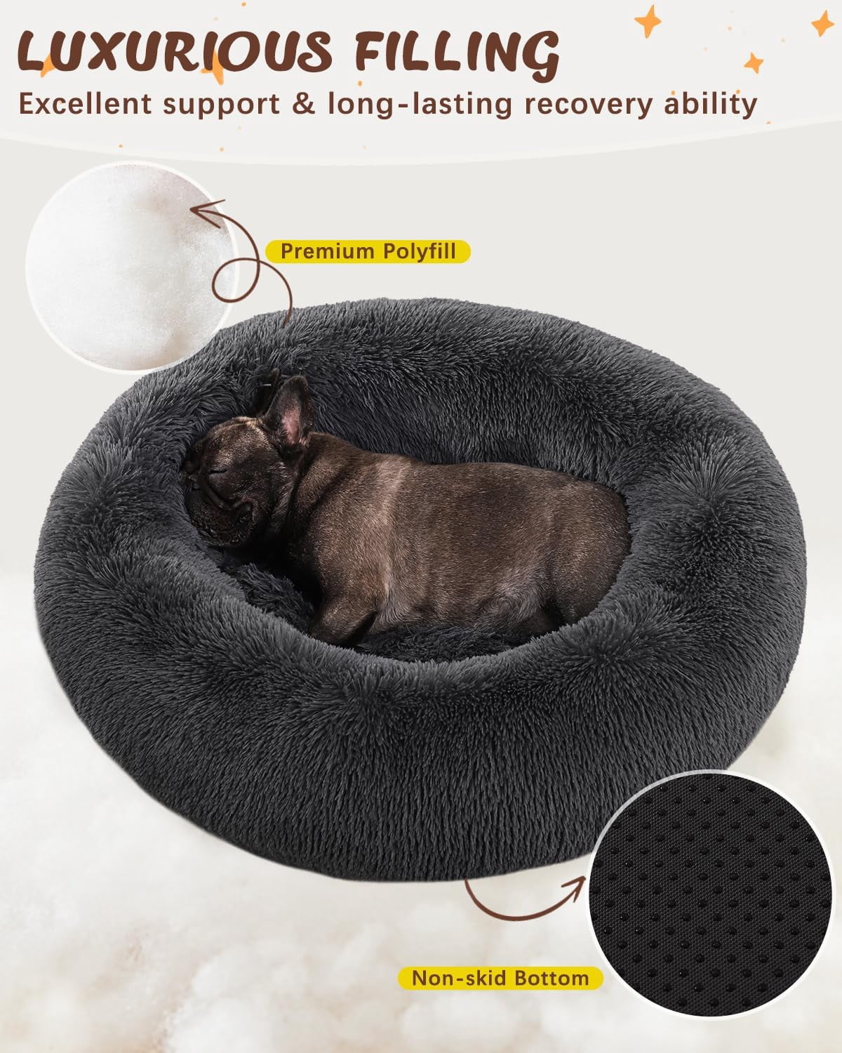 Calming Dog Bed Anti-Anxiety Round Donut Dog Beds Large Sized Dog Cat Beds for Indoor Cats Fluffy Comfort Large Dog Bed with Ultra-Soft Plush Washable Dog Bed with Non-Skid Bottom, 36", Gray