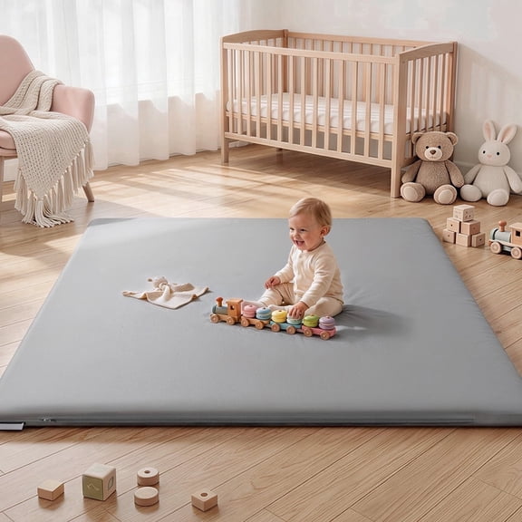 Baby Play Mat, Caveen Vegan Leather Baby Floor Mat Playpen Mat, Thicken Soft Crawling Mat for Infant, Wipe-Clean, 50"x 50", Gray