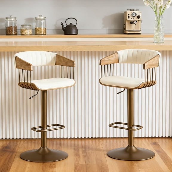 Dayalane Modern Adjustable Height Swivel Bar Stools Set of 2, Barrel Wooden Back BarStools with PU Leather Upholstery, Heavy-Duty Metal Base Counter Stools for Kitchen Island & Pub, White