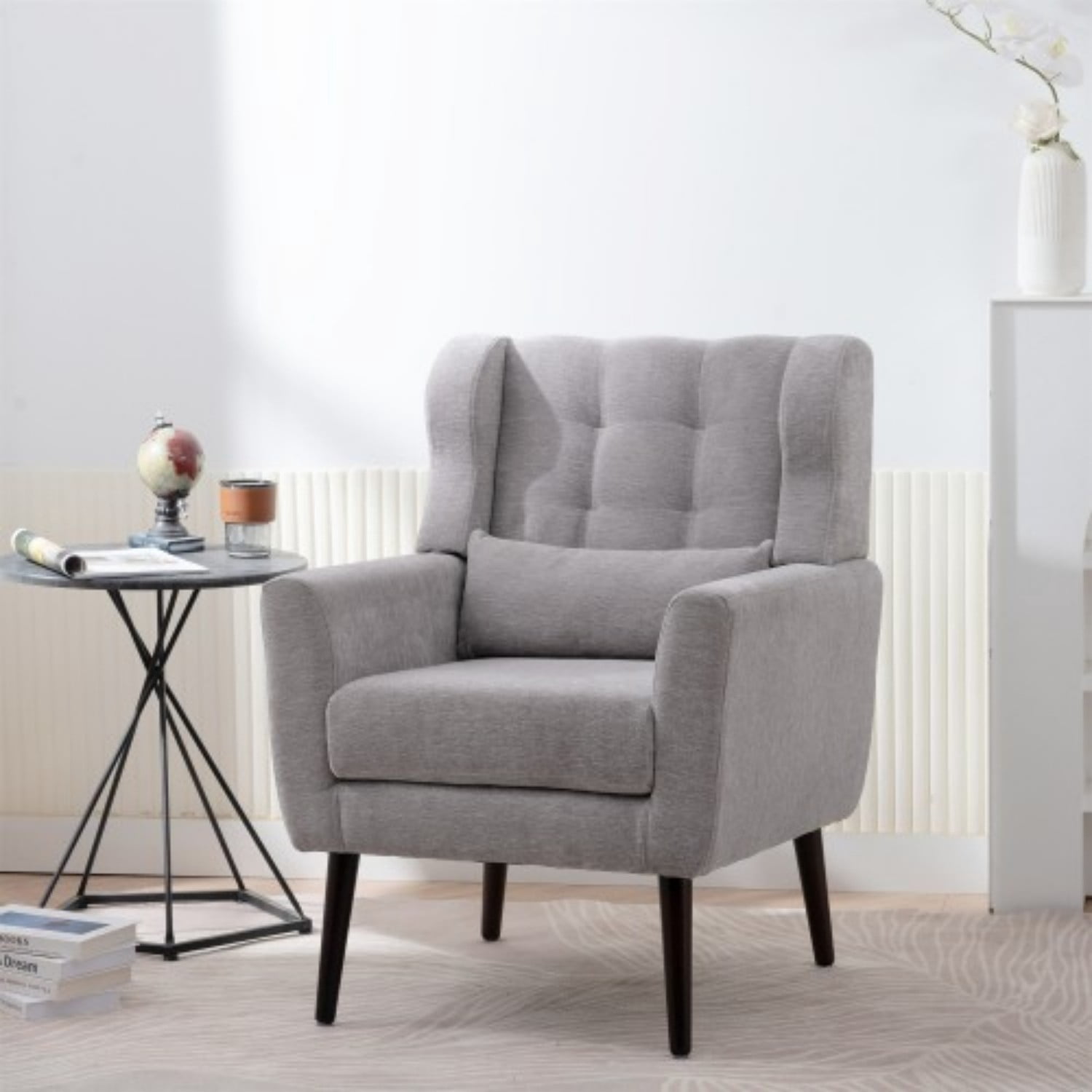 Modern Chenille Accent Chair with Pillow, Upholstered Armchair with Solid Wood Legs, Ergonomic Lounge Chair for Living Room, Bedroom, Reading Room, Small Space, Grey