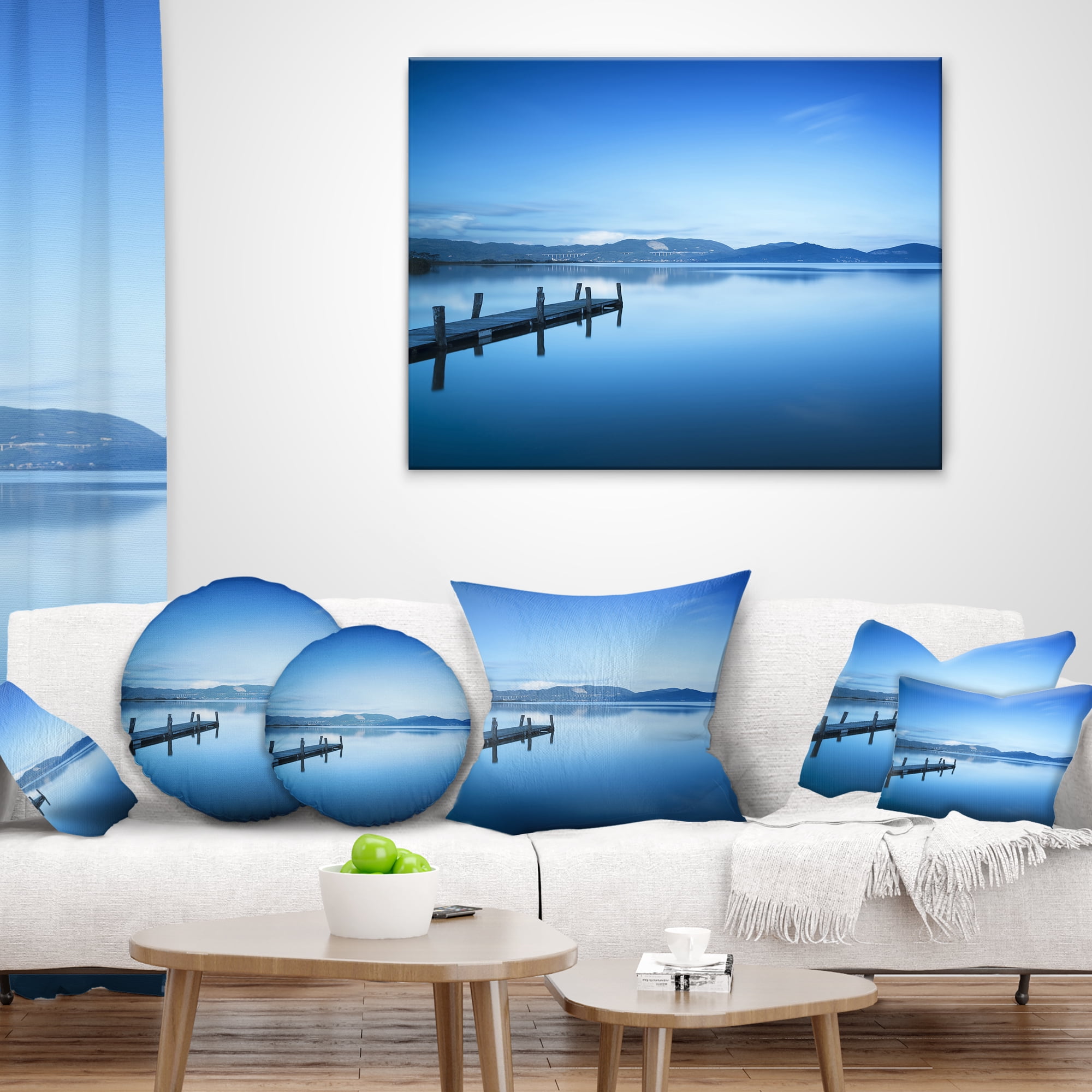 Designart Bright Blue Sky with Pier - Seascape Throw Pillow - 12x20
