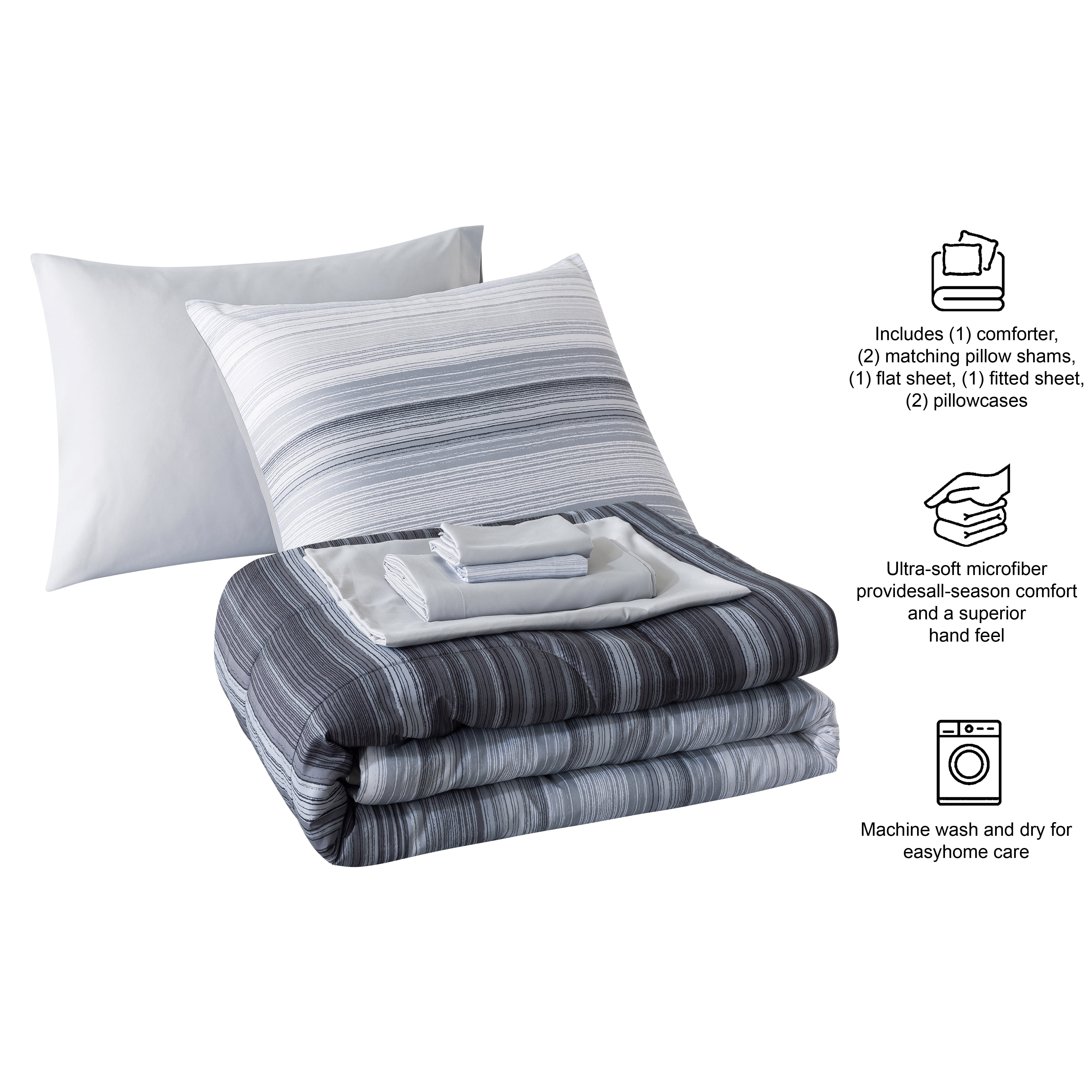 Mainstays 7-Piece Reversible Bed in a Bag Comforter Set with Sheets, Gray Stripe Ombre, Full