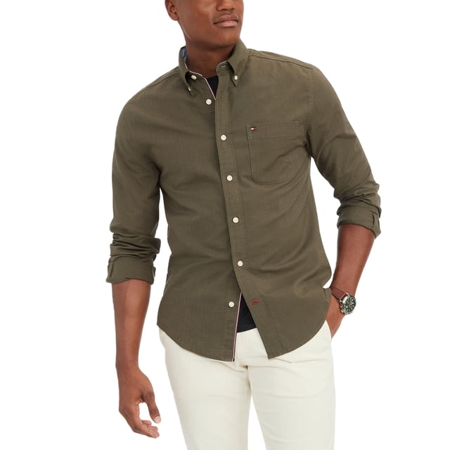 Camisa Tommy Hilfiger de manga larga Oxford verde militar para hombre