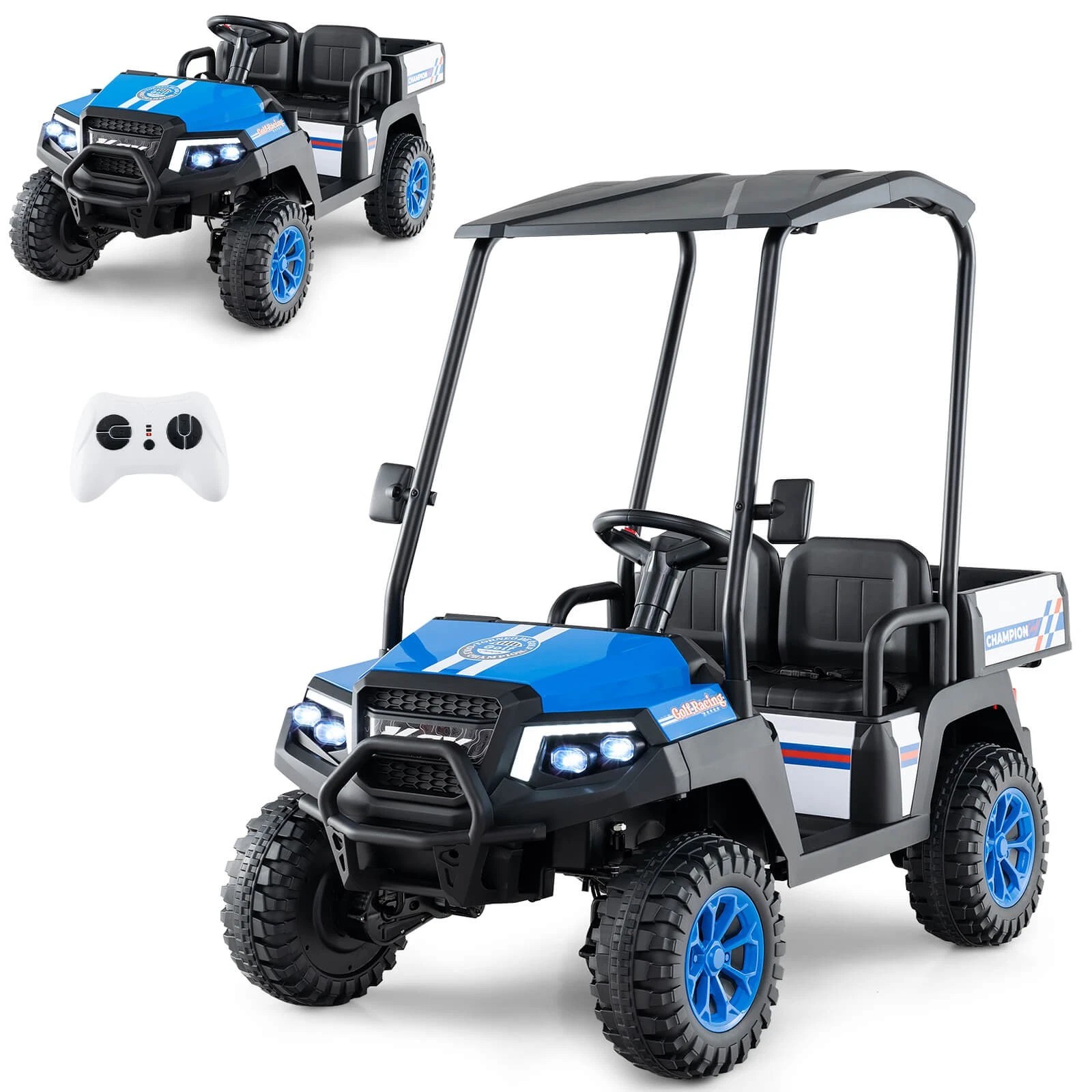 Exdeerjoy 24V 7AH Kids Golf Cart, 4WD 2 Seater Ride on Car w/Sun Shade, Storage & Remote Control, Battery Powered Vehicle