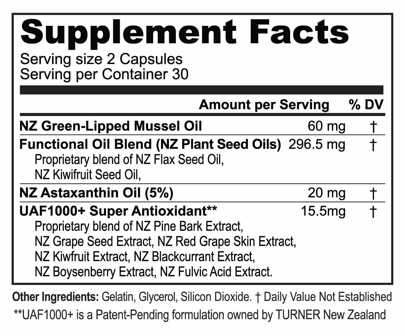 TURNER Green Lipped Mussel Oil Omega 3 Supplement Capsules, 2 Pack, 120 Count