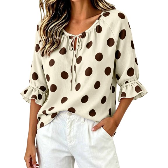 Sillenn Women's Polka Dot Blouse Tie V Neck Ruffle Cuff 3/4 Sleeve Casual Loose Fit Summer Shirts Lightweight Vintage Office Dressy Casual Tops Trendy Elegant Vacation Basic Polka Dot Tops Beige L