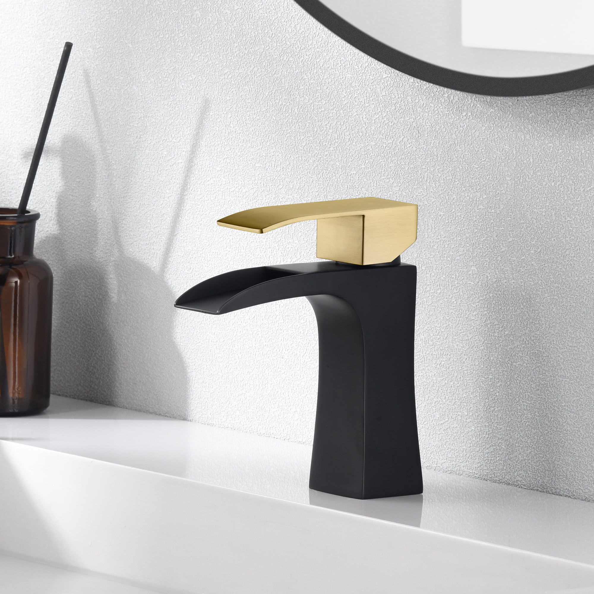 SUMERAIN Waterfall Bathroom Faucet Single Handle Single Hole Black and Gold Bathroom Sink Faucet Stainless Steel