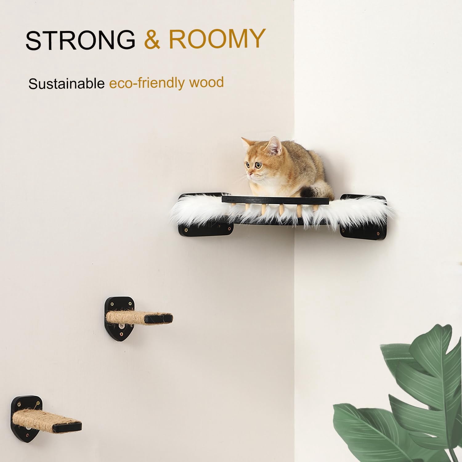 Cat Wall Shelves - 3 Steps Scratch & Hammock Bed With Plush Cover  Climbing Shfor Indoor Cats (black)