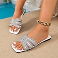 thumbnail image 6 of Samdudou Flat Sandals for Women Trendy Square Open Toe Slip On Slides Sparkly Rhinestone Embellished Straps Dressy Summer Shoes Bling Beach Footwear Casual Vacation, 6 of 9
