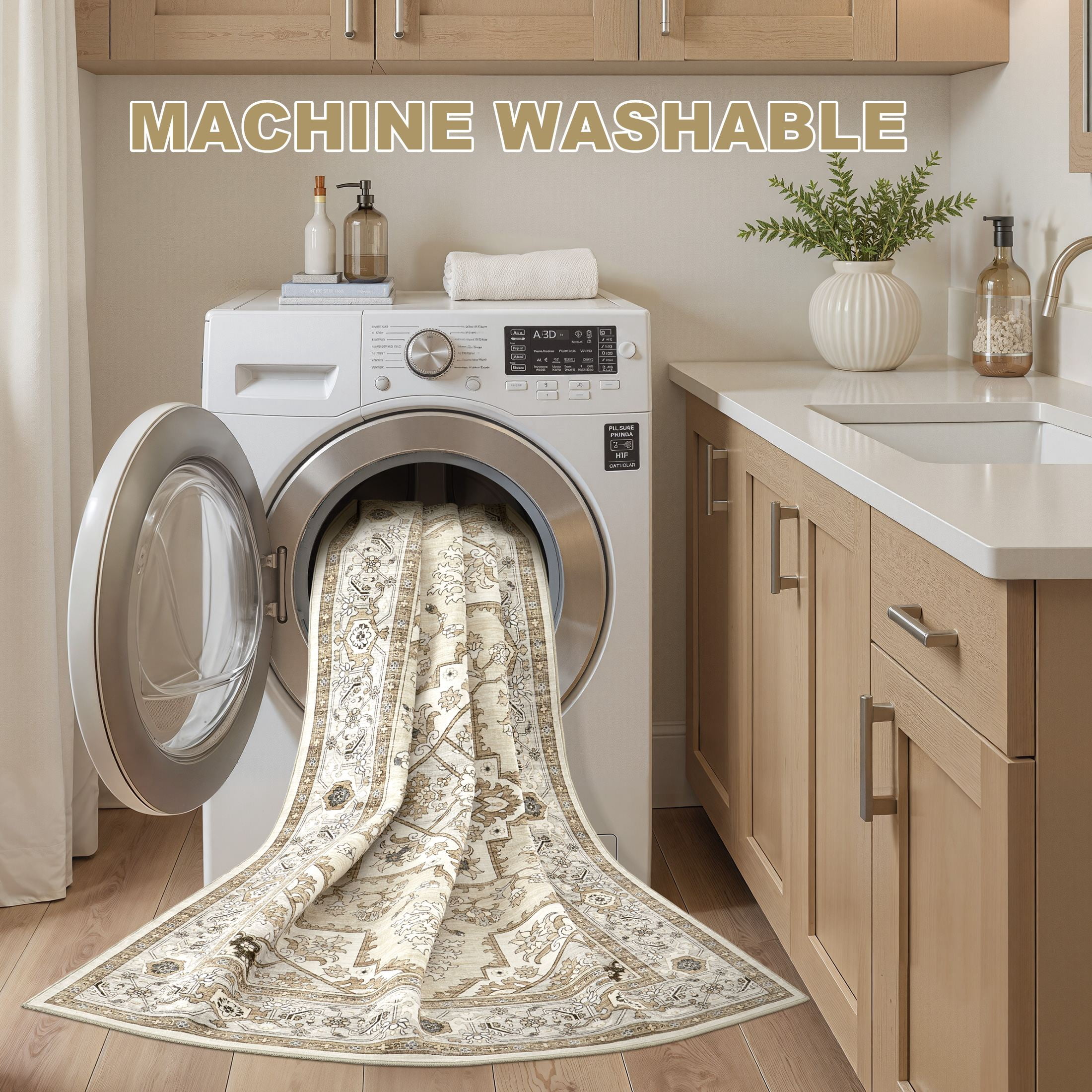 UERMEI 10'x14' Washable Large Area Rugs for Living Room, Vacuum friendly, Vintage Floral Boho Printed Carpet, Non Slip Indoor Rugs for Bedroom Home Decor Carpets, Brown/Cream