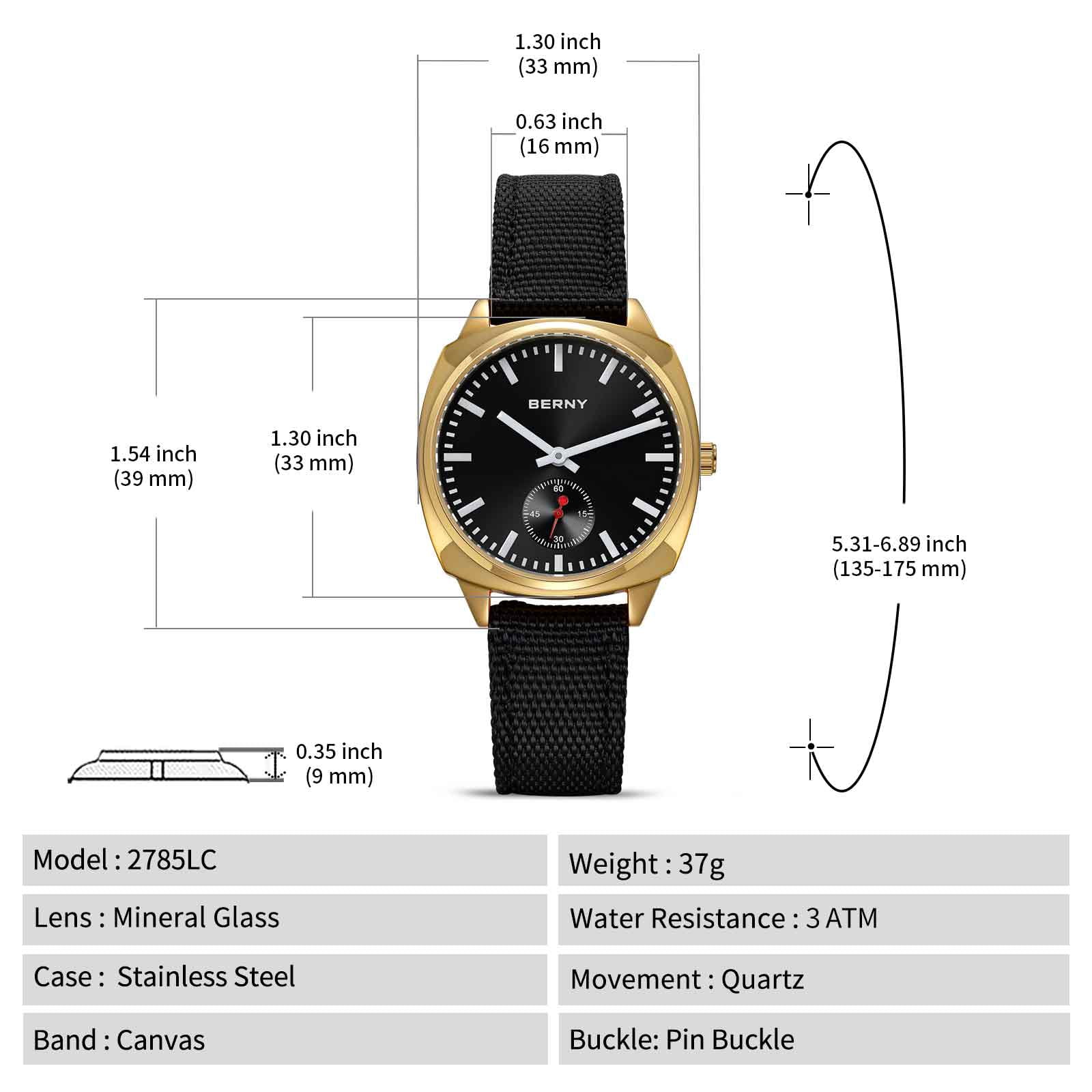 BERNY Gold Watch for Women, Casual Women Quartz Watch with Nylon Strap, Small Seconds Hand, Fashion Women's Wristwatch, Waterproof Classic Ladies Watch, Black