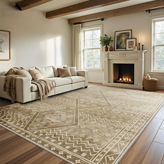 CHITOOMA 8'x10' Area Rugs for Living Room, Washable Boho Moroccan Rug Soft Vintage Distressed Geometric Tribal Area Rug for Bedroom Dining Room Office with Non-Slip Backing, Stain Resistant Non-Shed