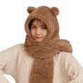 thumbnail image 1 of Unisex Hat Brown Women Winter Warm Plush Solid Color Bear Ear Design Scarf Hat Cap Earflap Set, 1 of 5