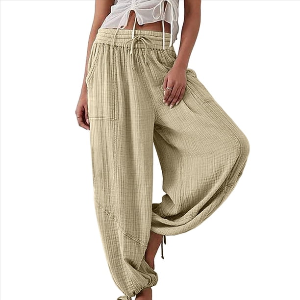 Pantalones Holgados Informales de Algodón para Mujer, de Pierna , con Costuras de Cordón y Bolsillos. Caqui S