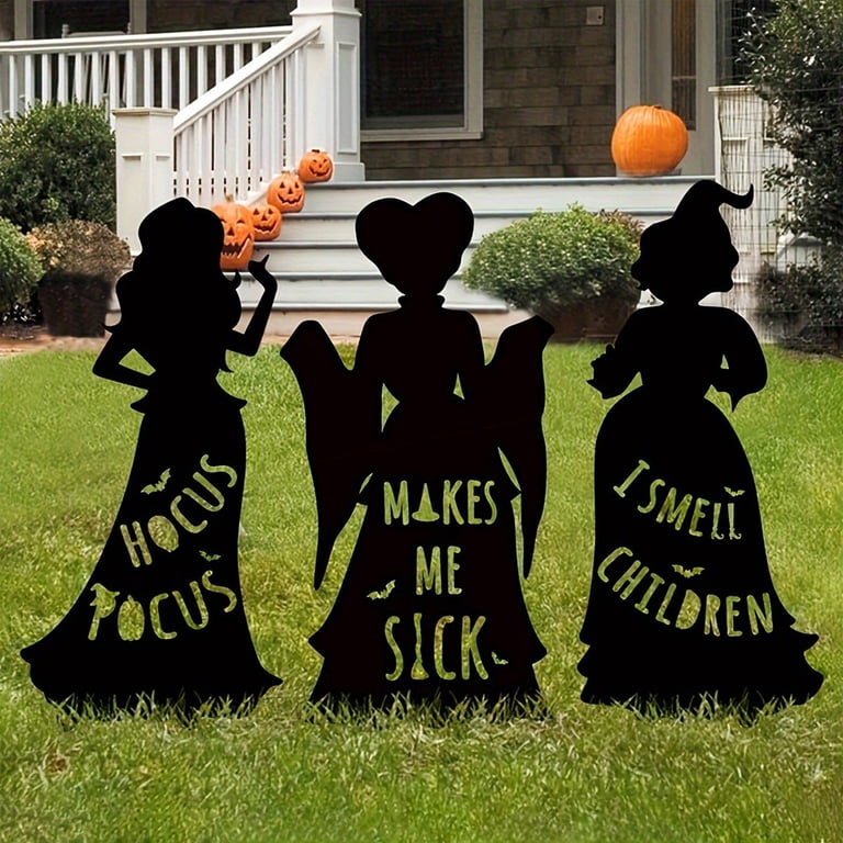 Halloween Yard Stakes 3-Pack – Glow In The Dark Metal Witch, Cauldron & Castle, Waterproof Outdoor Decor