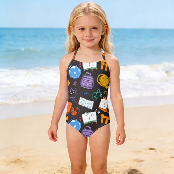 CCRFTGI Girl Swimsuit One Piece Size 10-12 Cute Bathing Suit Summer Adjustable Straps Beach High Waisted Open Notebook Pencil Vacation Girls Fashion Girls Swimwear for Kids Black 12-13 Years