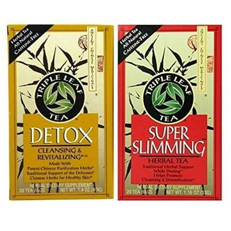 Triple Leaf Caffeine Free Herbal Tea 2 Flavor Variety Bundle: (1) Triple Leaf Chinese Detox Tea (20 count), and (1) Triple Leaf Super Slimming Tea (20 Count)
