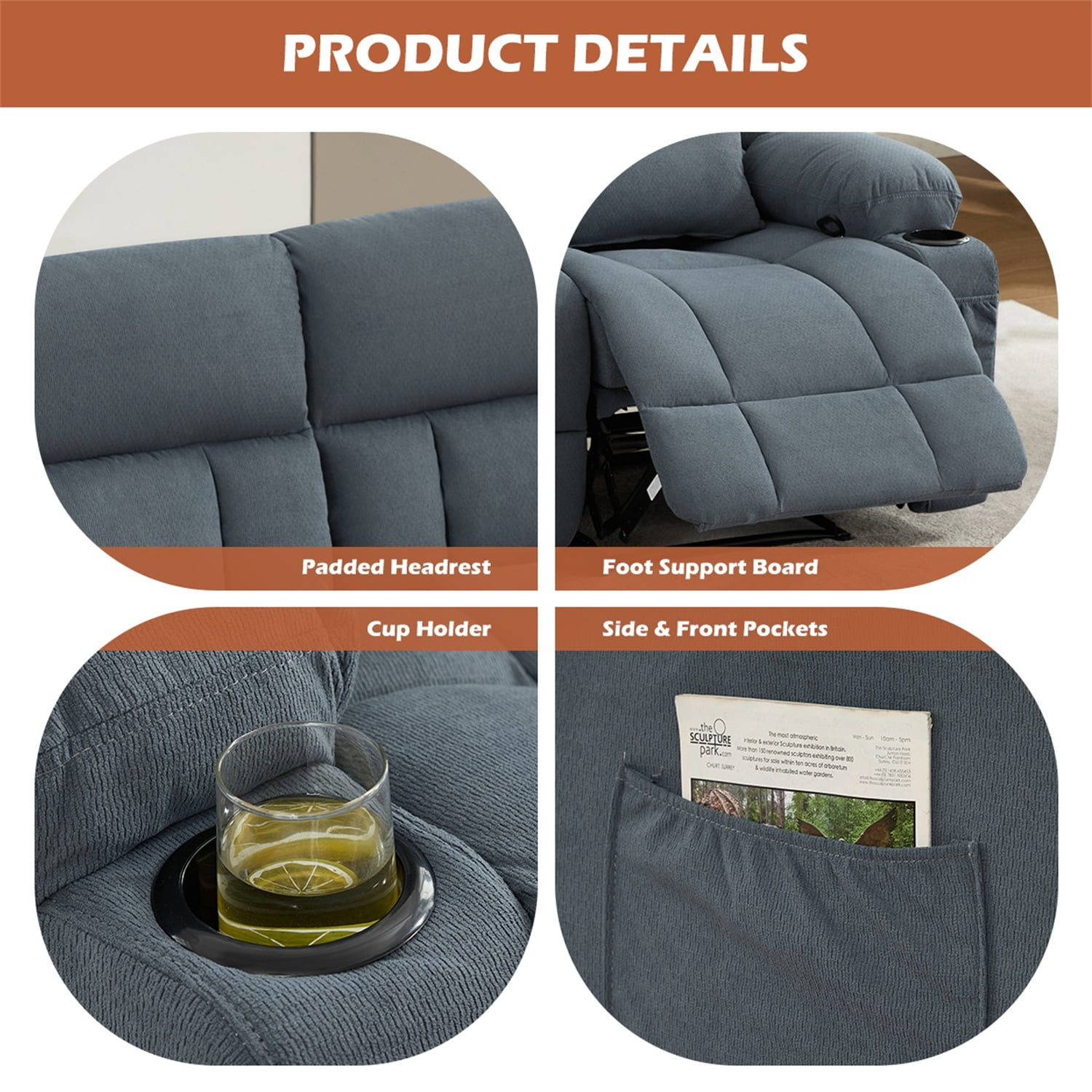 Alvantor Loveseat Recliner Sofa for Adults with Cup Holders, Modern Overstuffed Manual Sofa Chair for Home Theater Blue